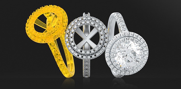 Three gold and silver engagement rings displaying the custom jewellery manufacturing processes